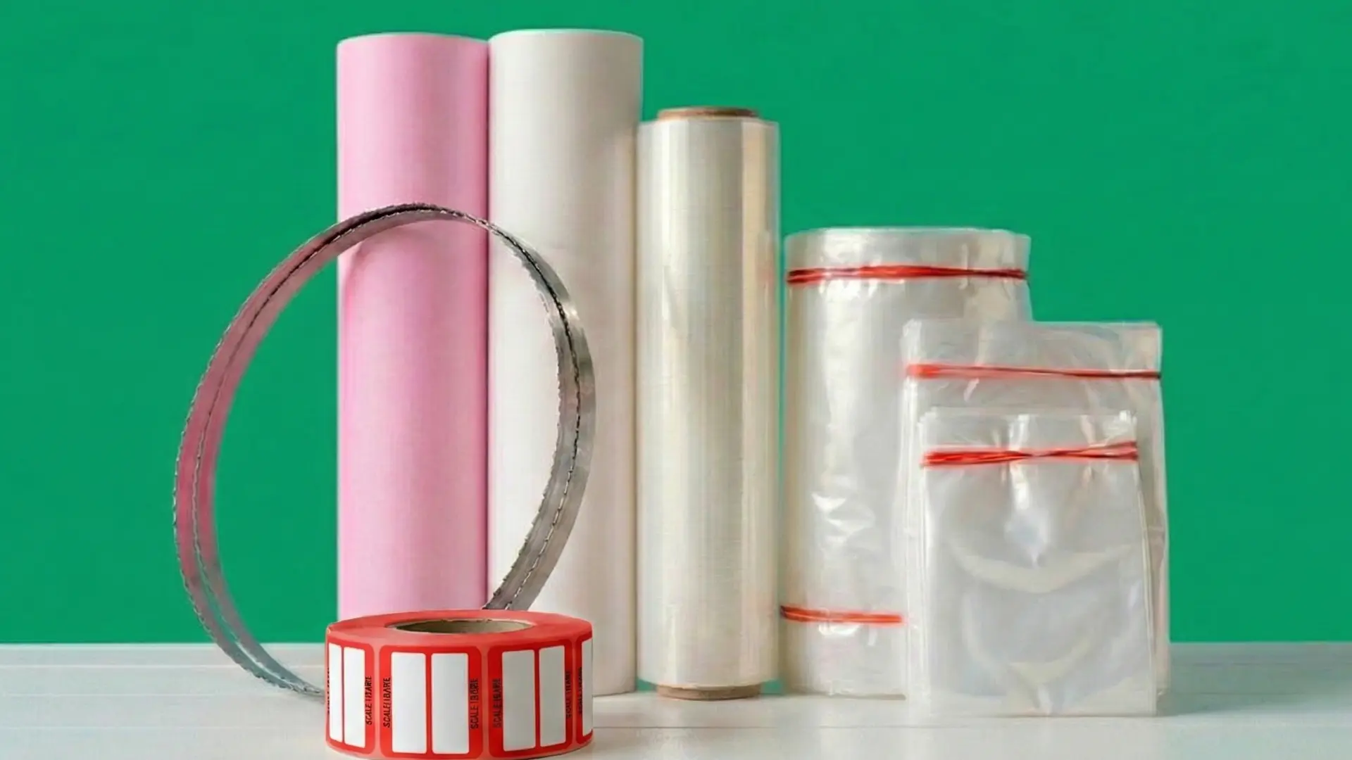 Professional butcher supplies including rolls of moisture-resistant paper, freezer film, and white labeling tape.