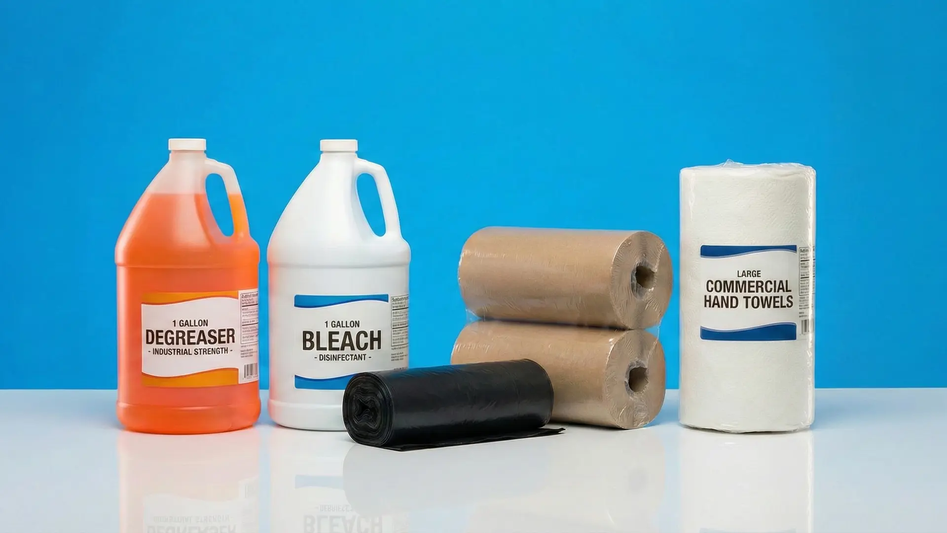 Professional-grade cleaning chemicals, industrial black trash liners, and bulk commercial paper towel rolls.